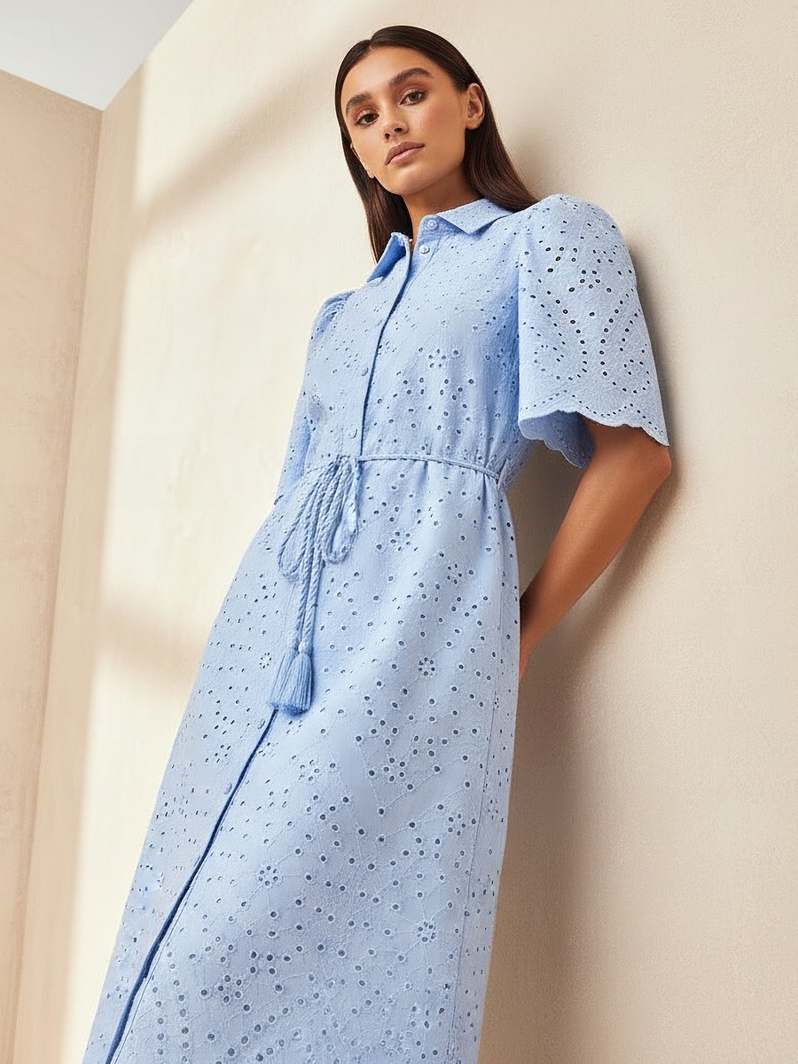 Schiffili Embroidered  Cotton Shirt Dress with Tie-Up Belt