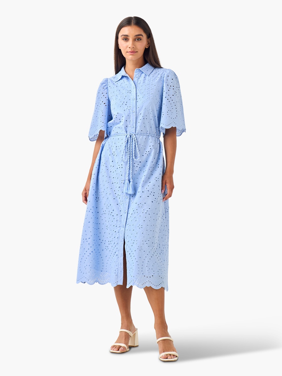 Schiffili Embroidered  Cotton Shirt Dress with Tie-Up Belt