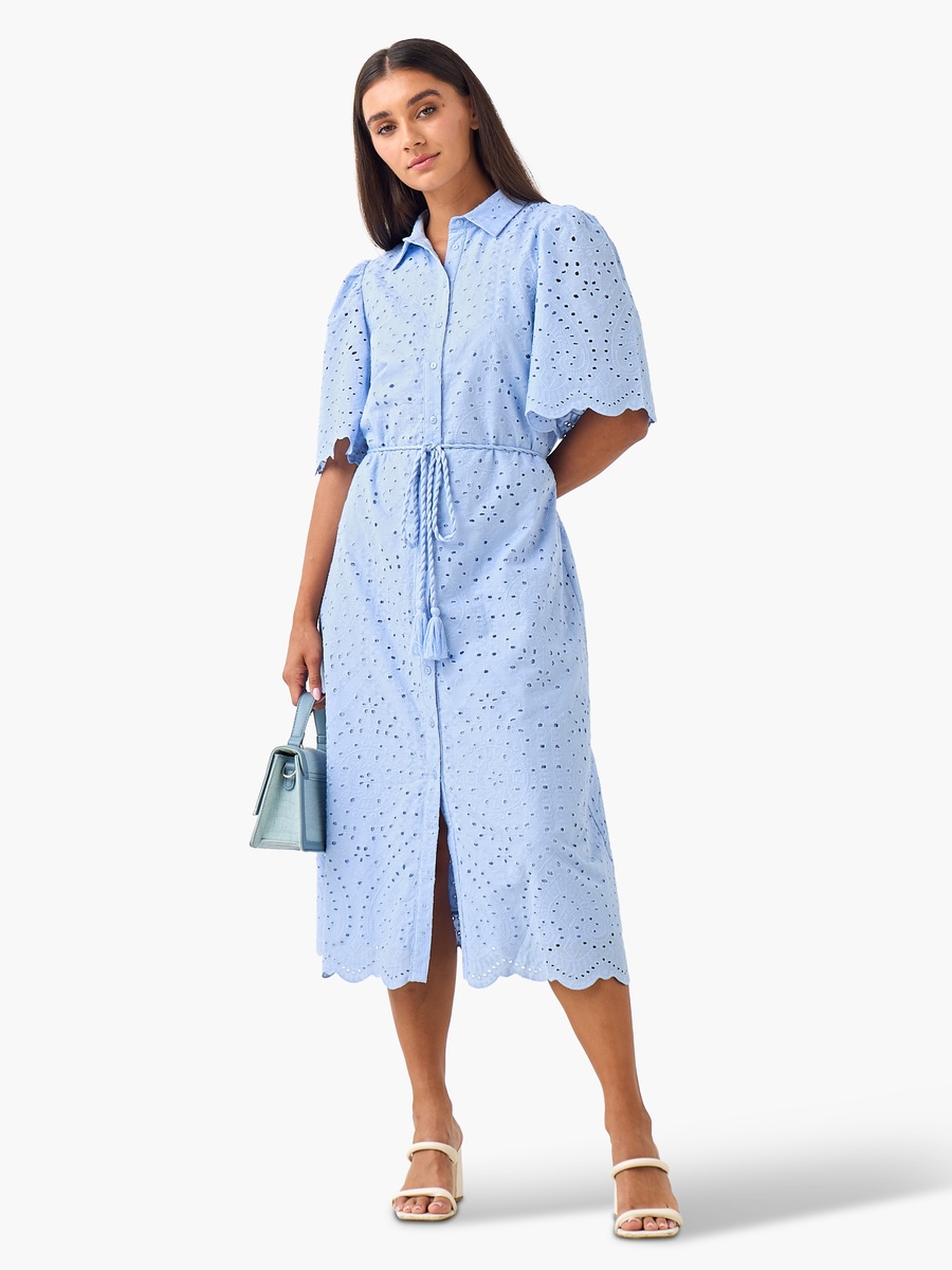 Schiffili Embroidered  Cotton Shirt Dress with Tie-Up Belt