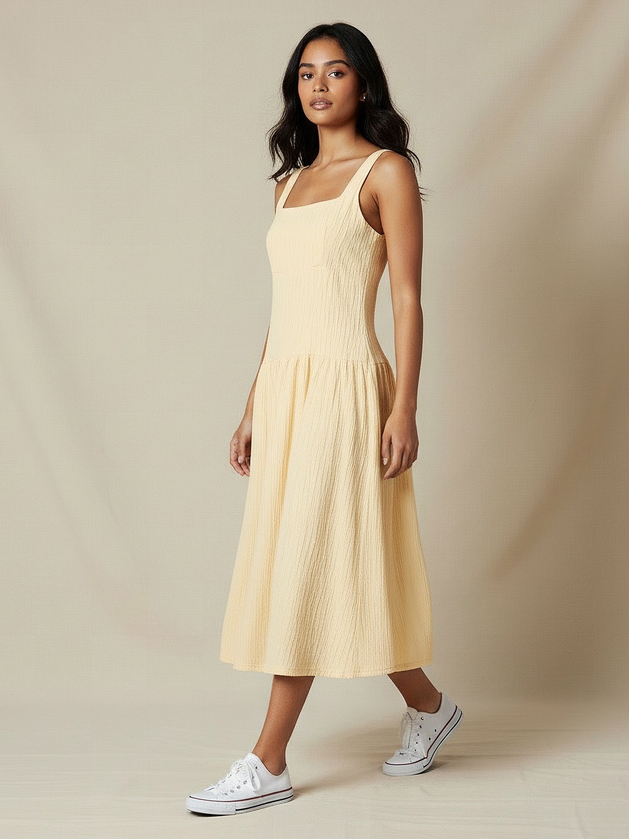 Textured Dress with Square Neck
