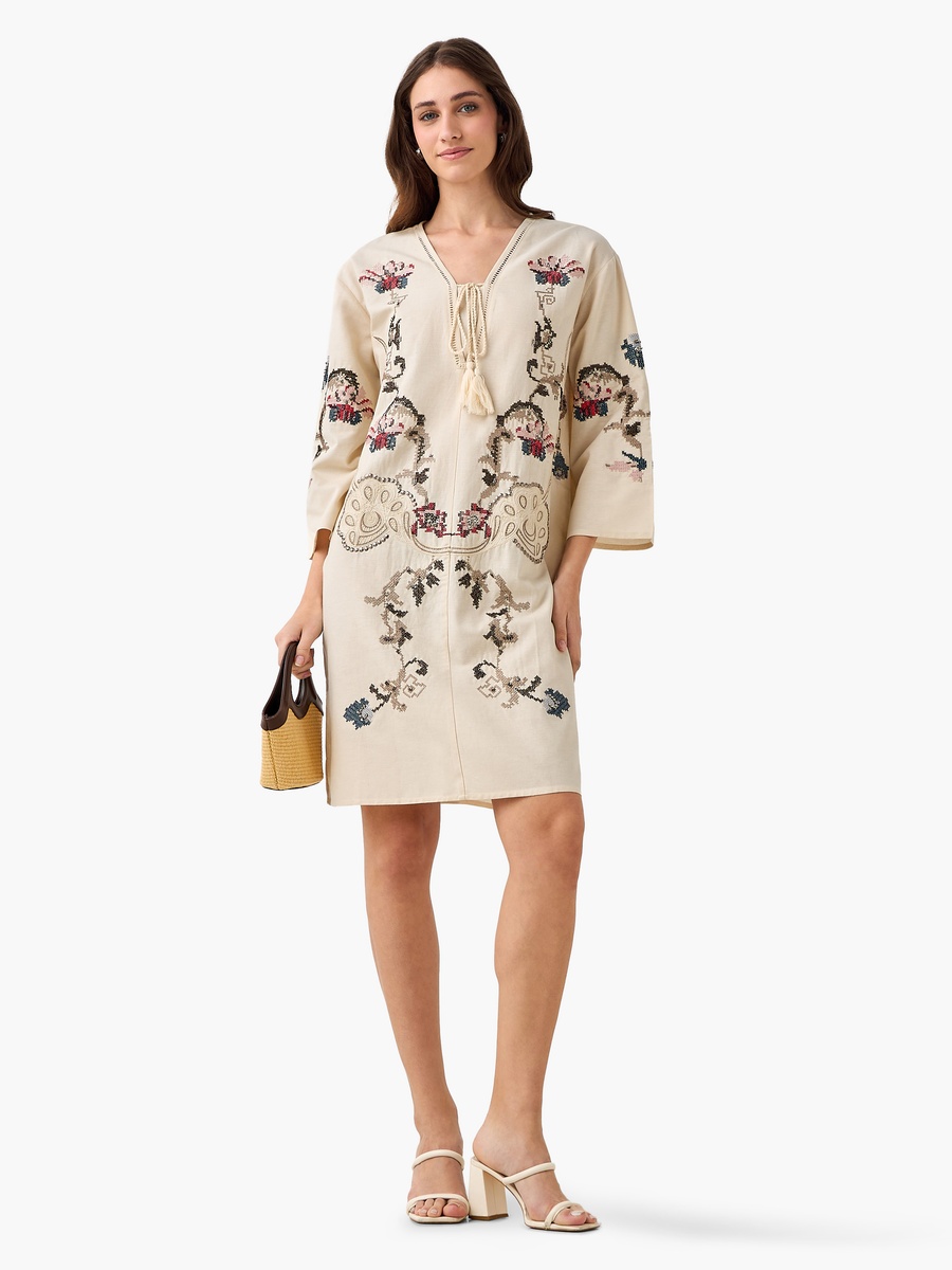 Embroidered Shift Dress with Tie-Ups