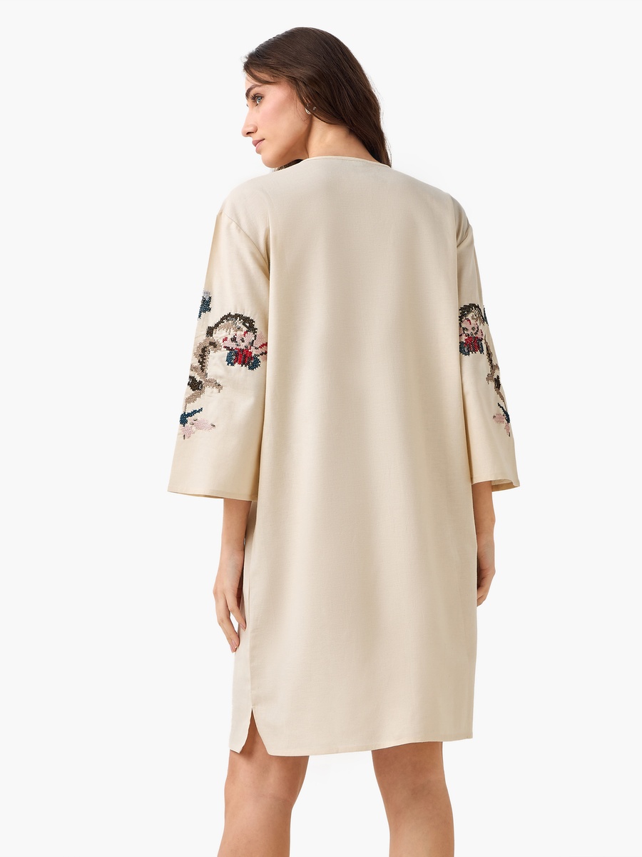 Embroidered Shift Dress with Tie-Ups
