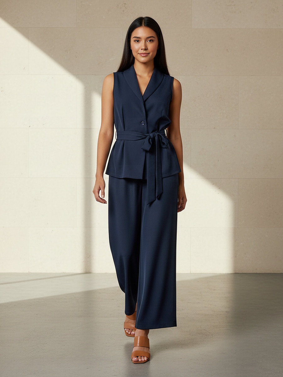 Plain Wrap Top and Wide Leg Pants Co-Ords