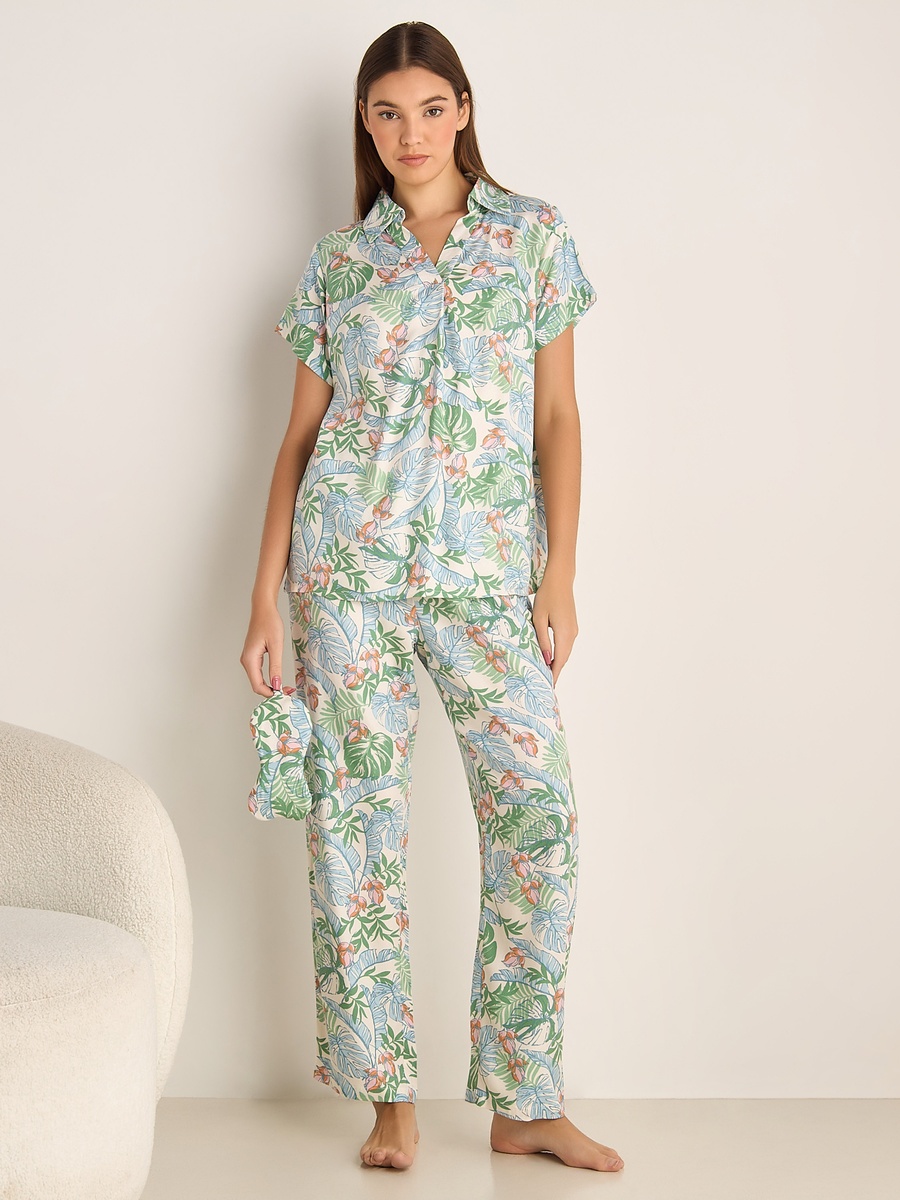 Viscose Button-Down Shirt and Pants Pyjama Set with Eye Mask