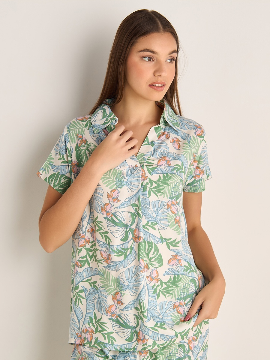 Viscose Button-Down Shirt and Pants Pyjama Set with Eye Mask