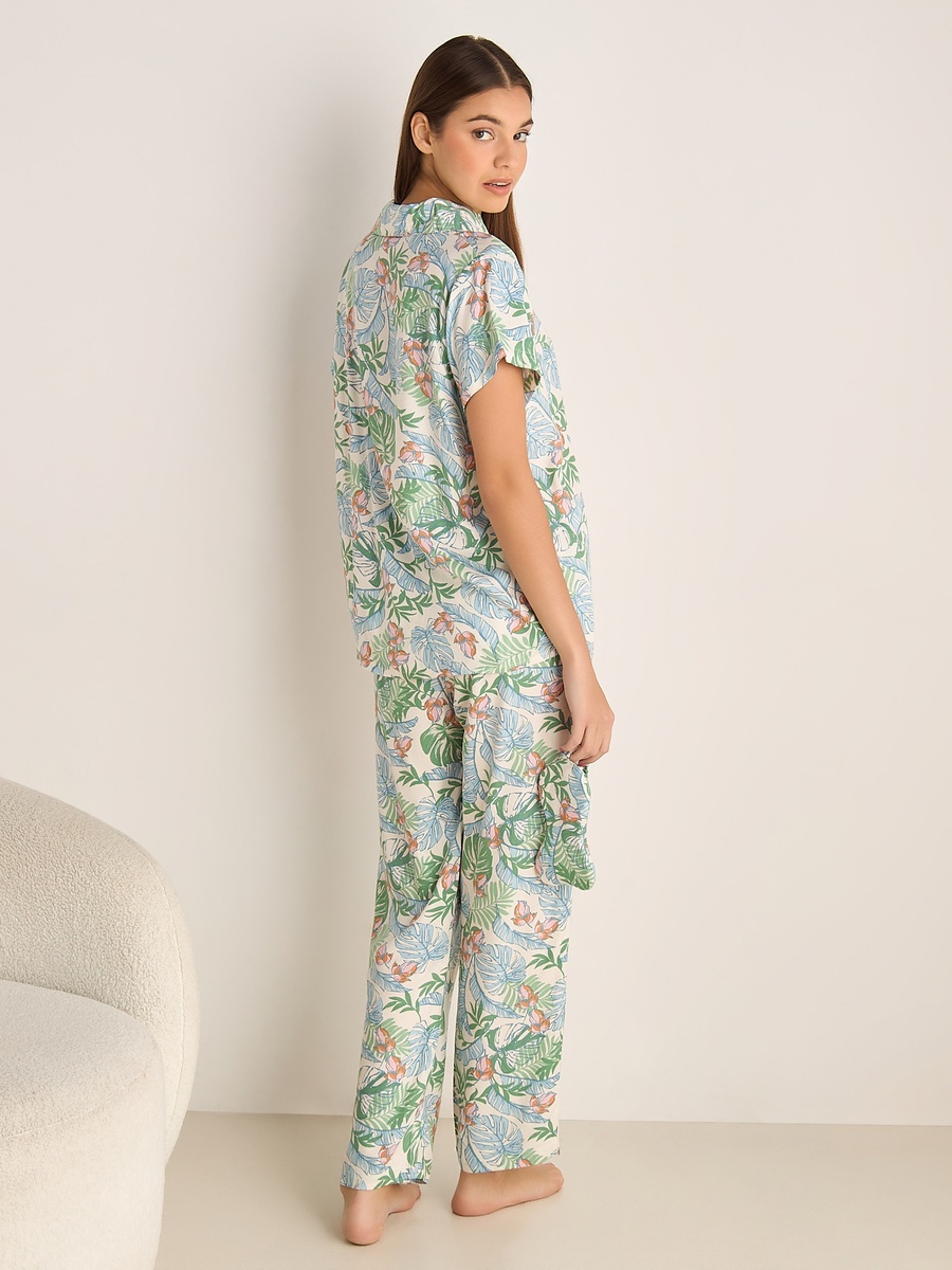 Viscose Button-Down Shirt and Pants Pyjama Set with Eye Mask