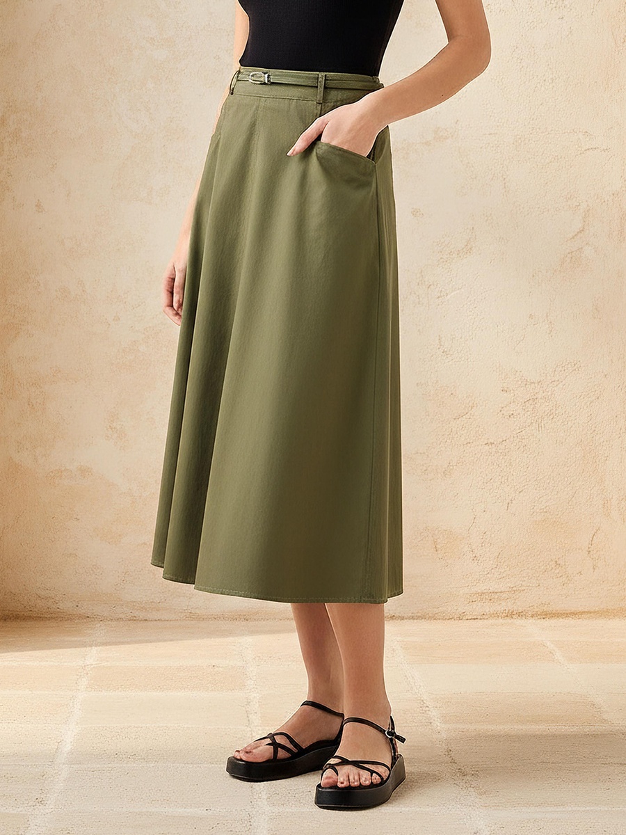 Midi Cotton Belted Skirt with Pockets