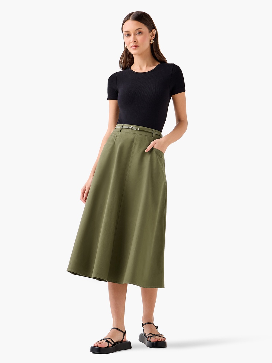 Midi Cotton Belted Skirt with Pockets