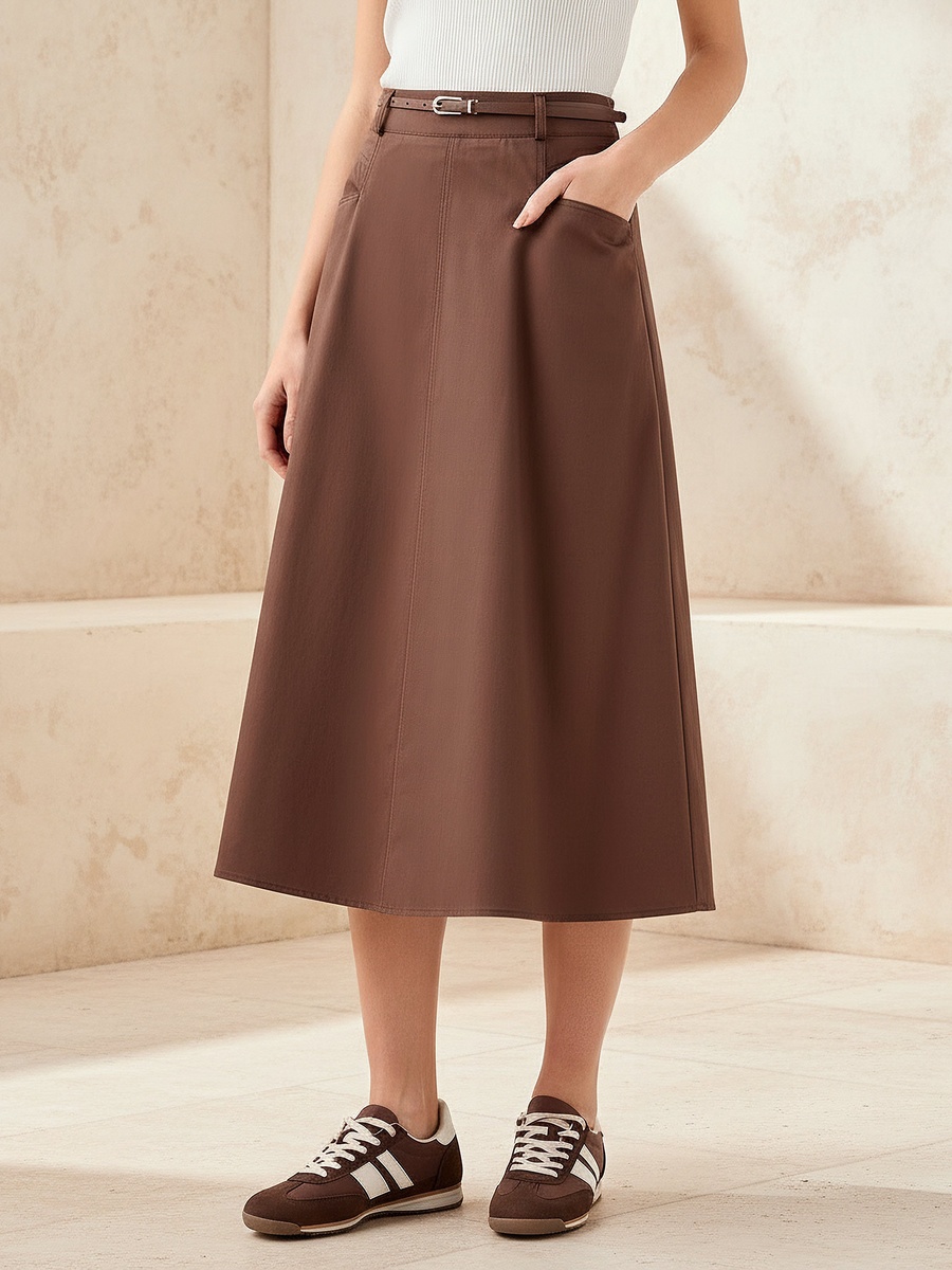 Midi Cotton Belted Skirt with Pockets
