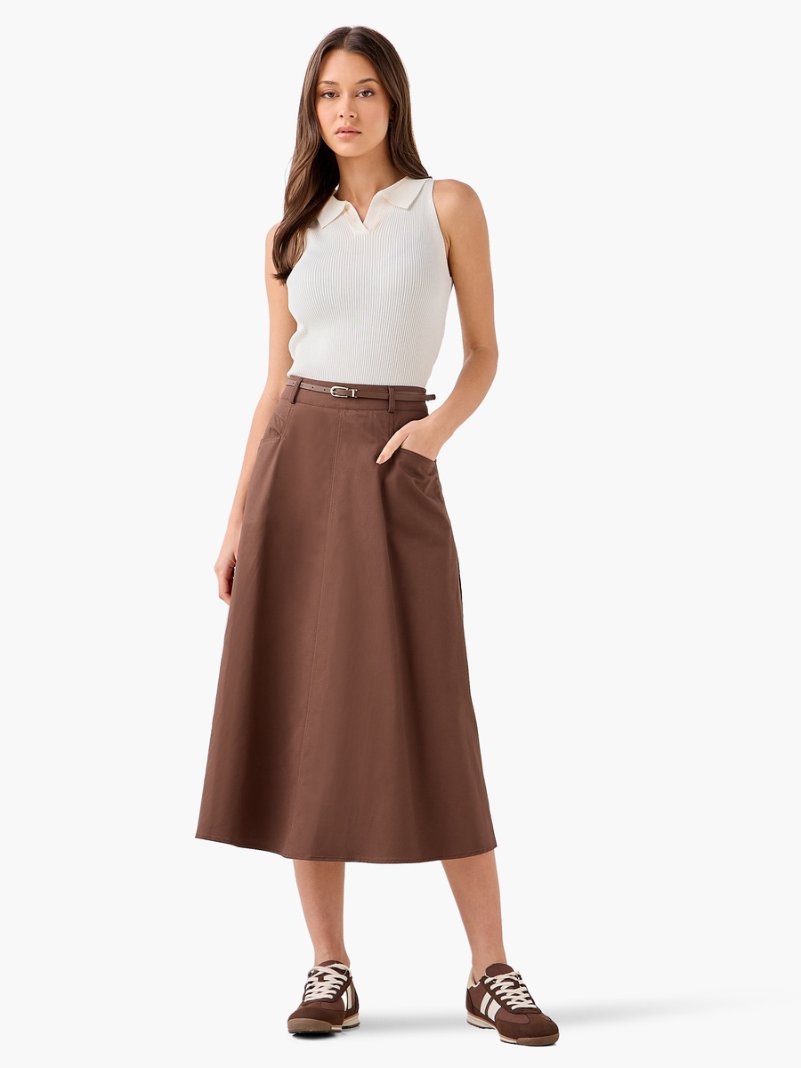 Midi Cotton Belted Skirt with Pockets