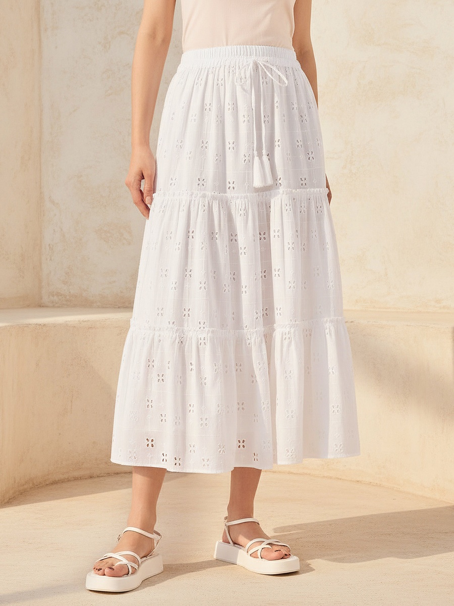 Midi Cotton Tiered Skirt with Schiffli Embroidery