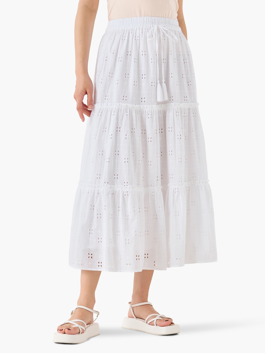 Midi Cotton Tiered Skirt with Schiffli Embroidery