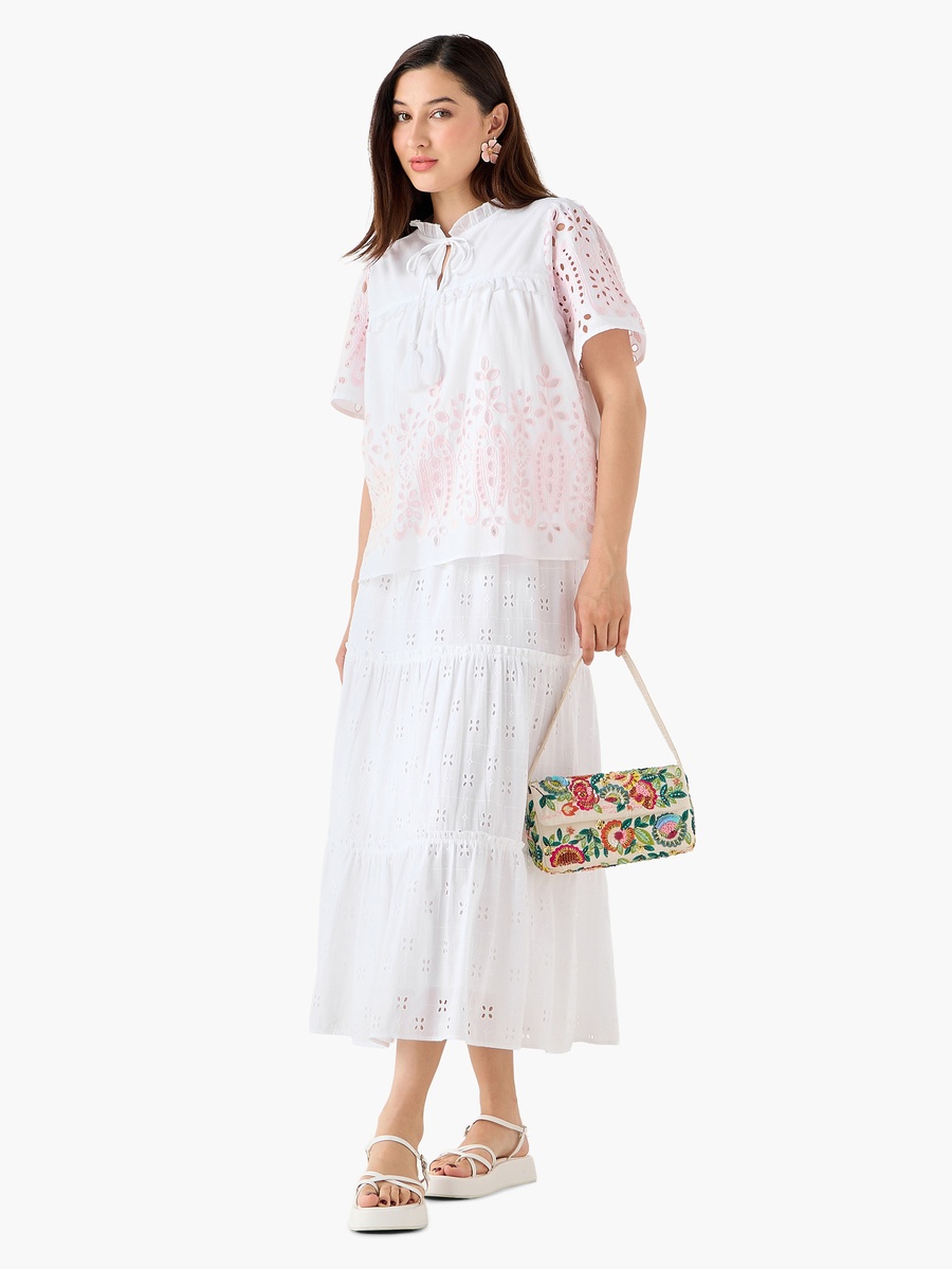 Midi Cotton Tiered Skirt with Schiffli Embroidery