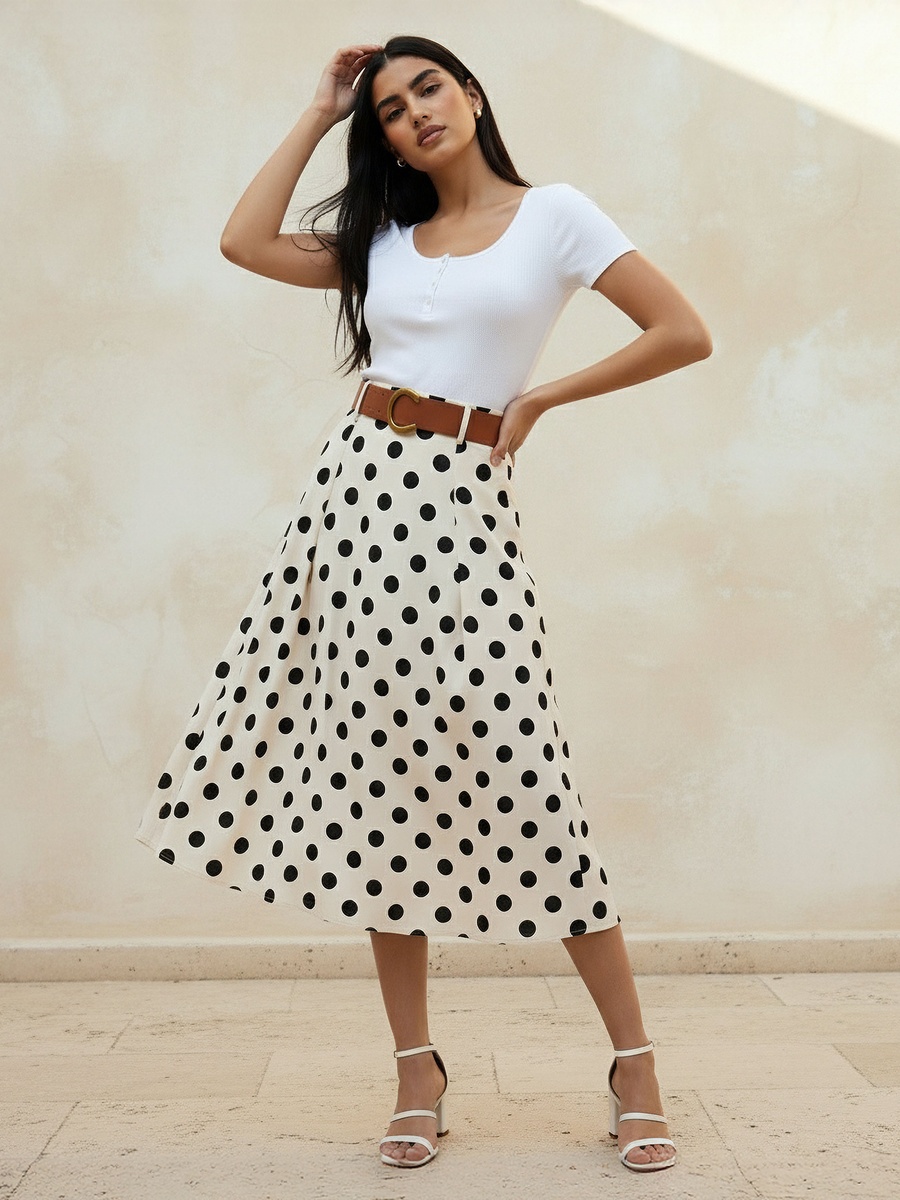 Midi Cotton A-Line Skirt with Polka Dot Print