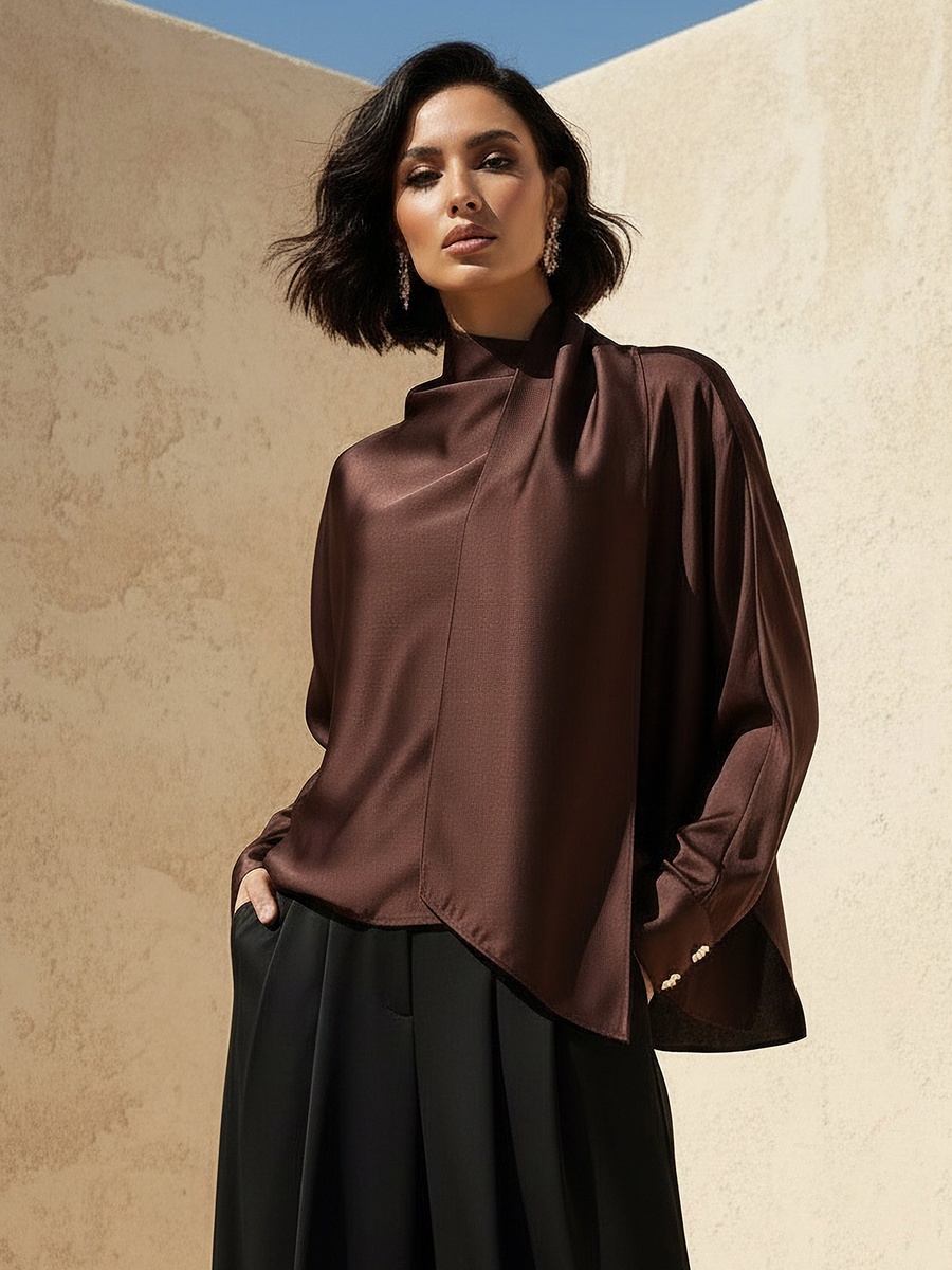 Scarf Draped Top with Long Sleeves