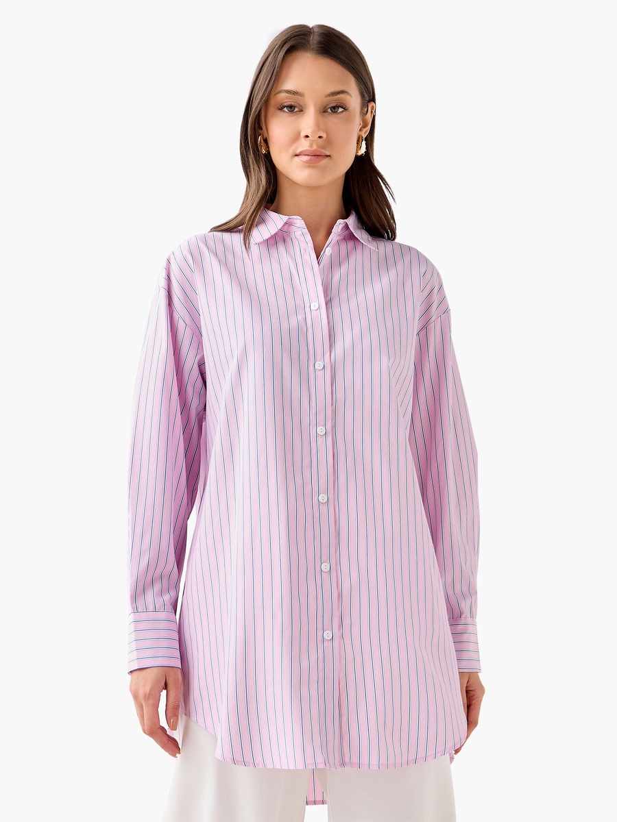Regular Fit Striped Longline Shirt with Long Sleeves