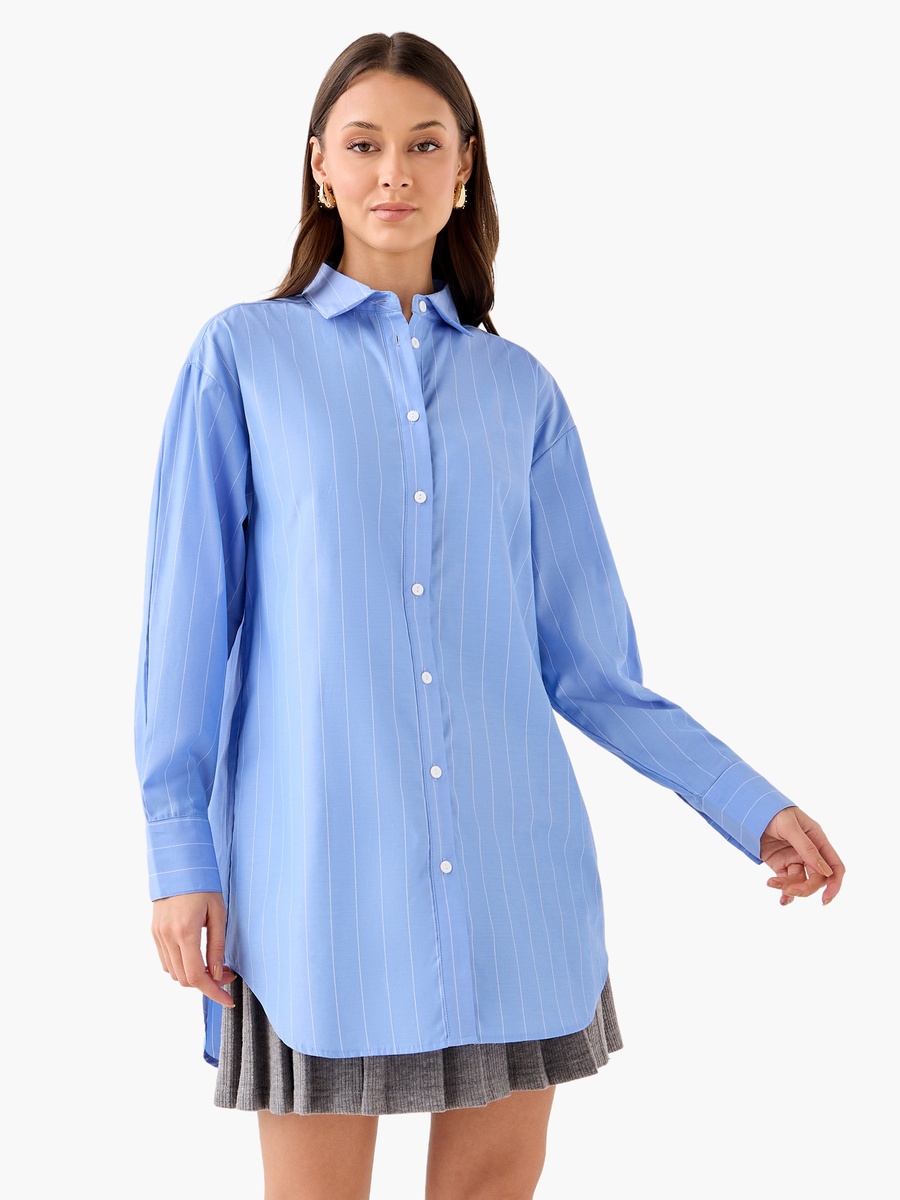 Regular Fit Striped Longline Shirt with Long Sleeves