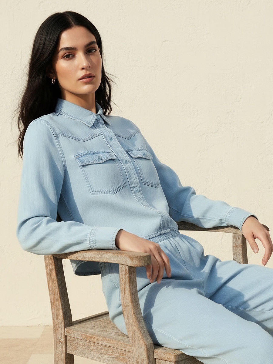 Lyocell Crop Denim Shirt with Pockets