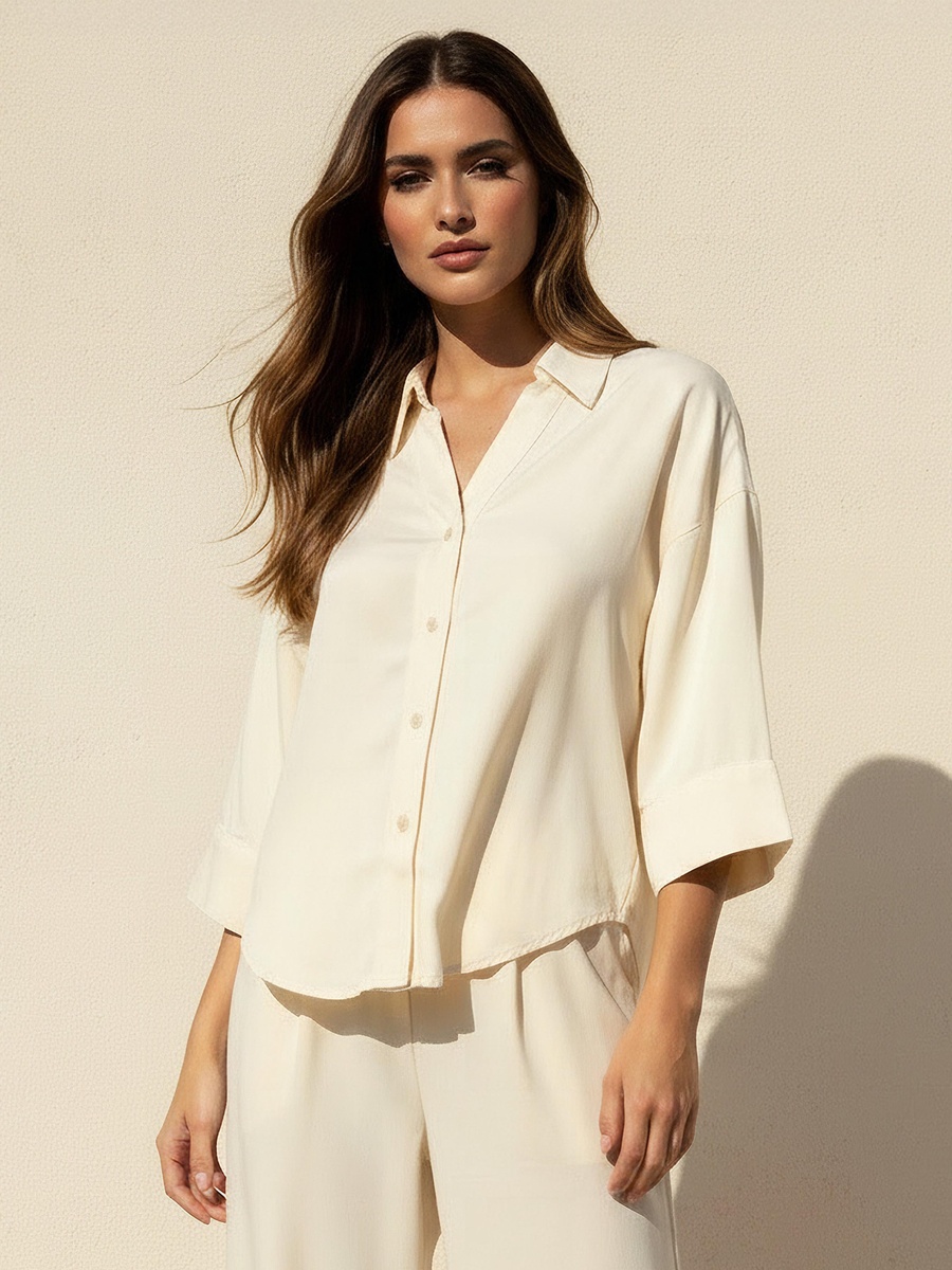 Cotton Denim Shirt with 3/4 Sleeves