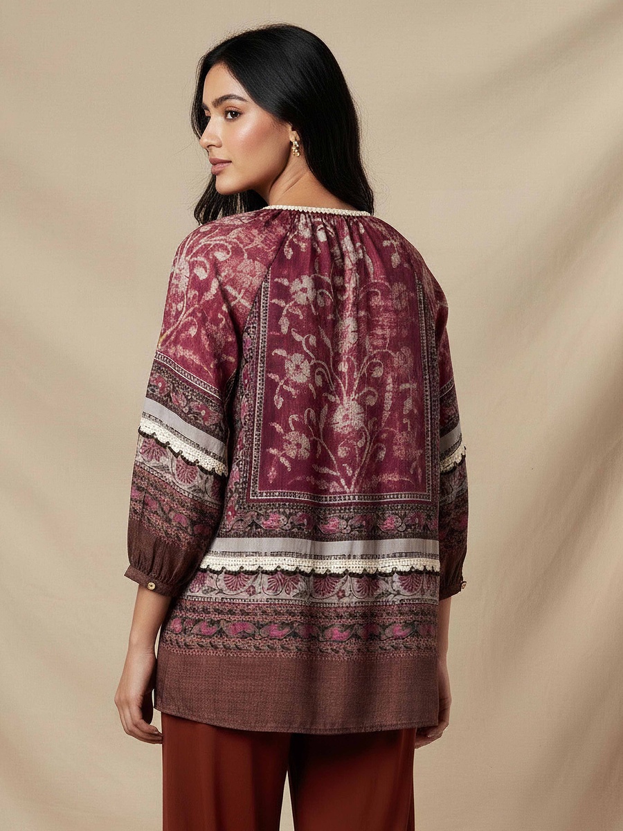 Top with 3/4 Puff Sleeves and Floral Print