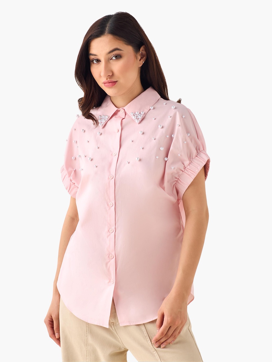Cotton Shirt with Pearl Embellishment