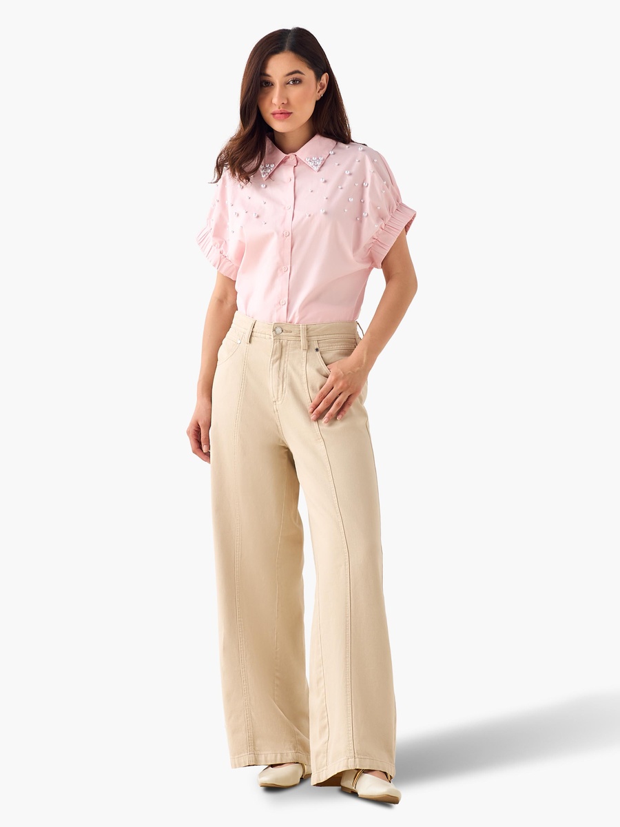 Cotton Shirt with Pearl Embellishment