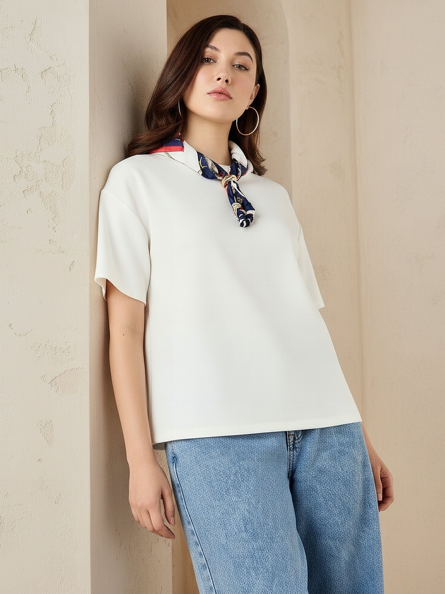 Boxy Fit T-Shirt with Attached Scarf Detail