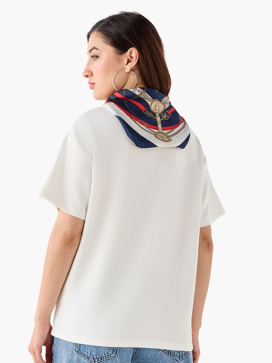 Boxy Fit T-Shirt with Attached Scarf Detail