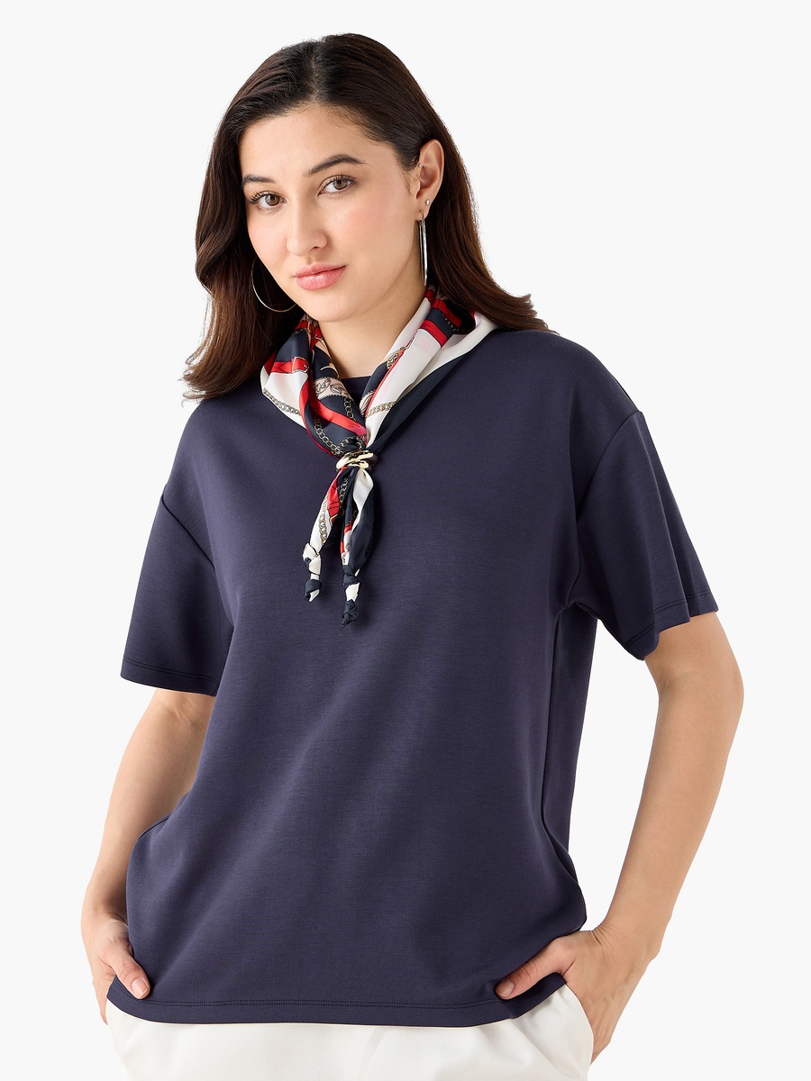 Boxy Fit T-Shirt with Attached Scarf Detail