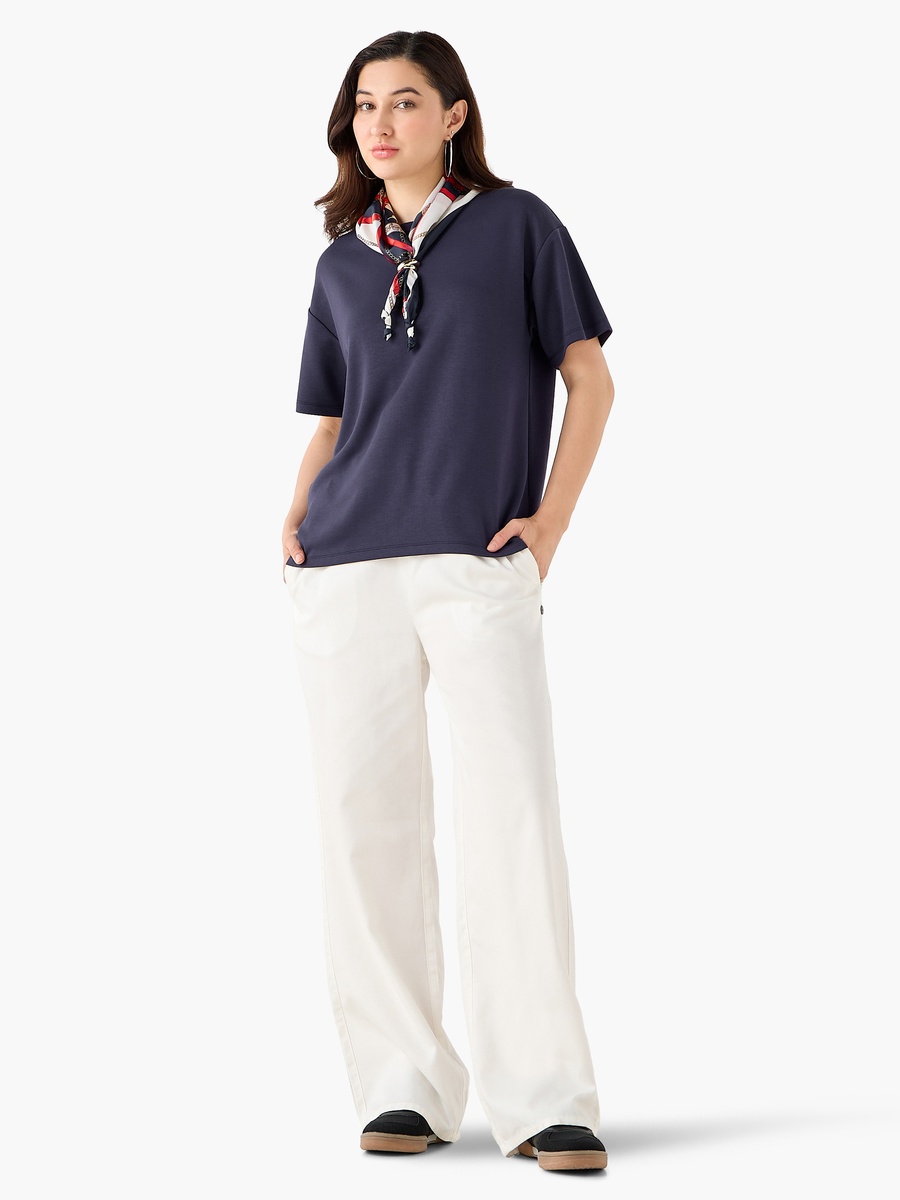 Boxy Fit T-Shirt with Attached Scarf Detail