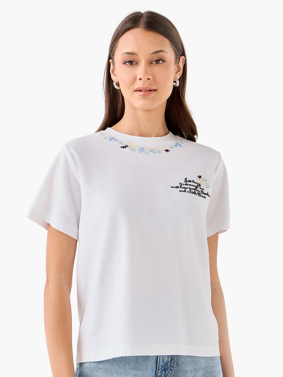 Cotton T-Shirt with Floral Slogan Embroidery