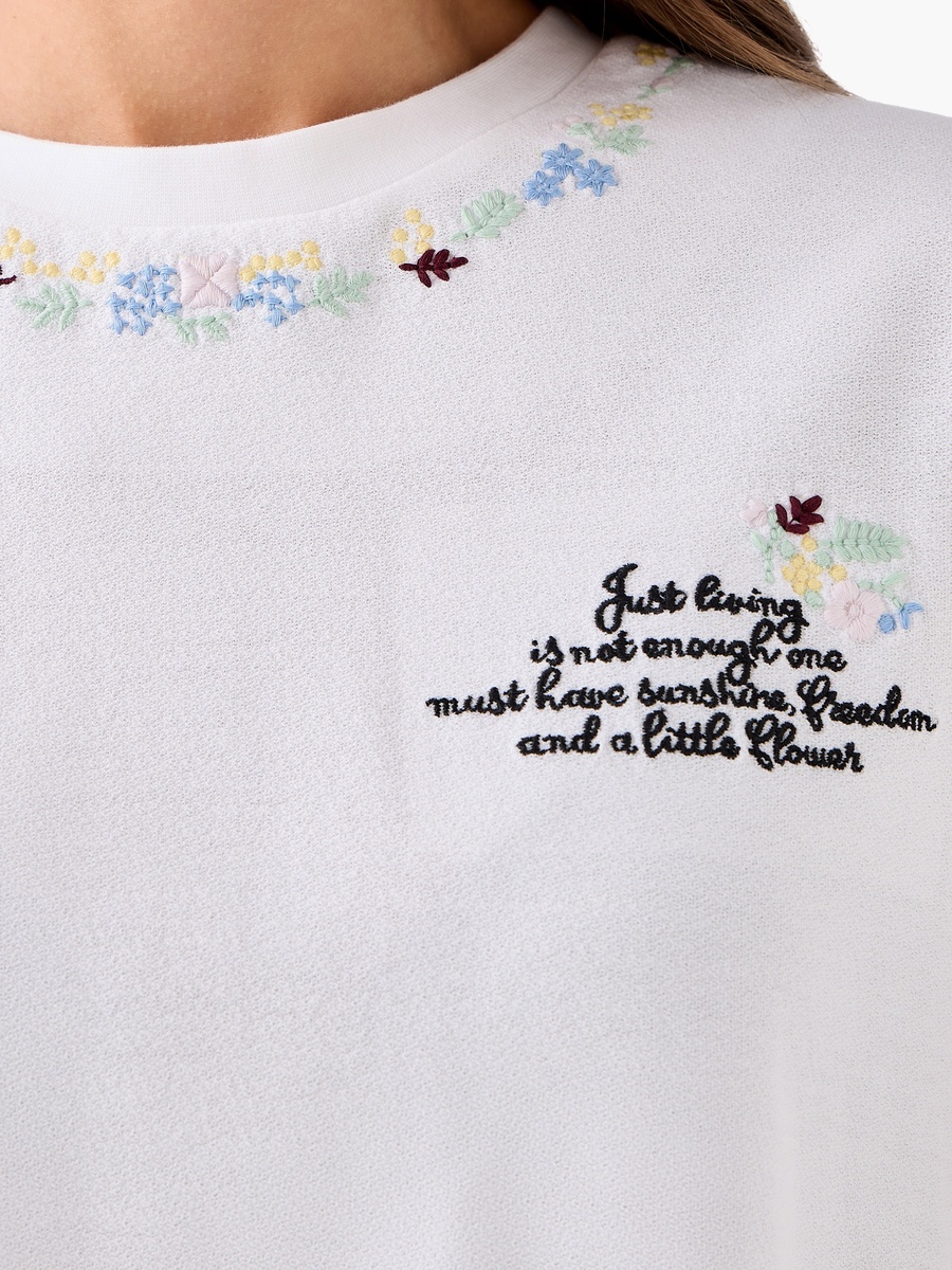 Cotton T-Shirt with Floral Slogan Embroidery