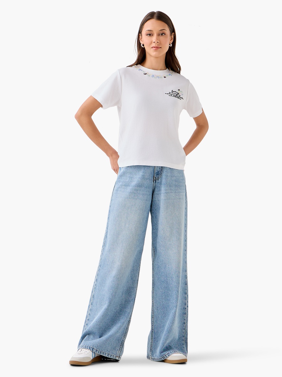 Cotton T-Shirt with Floral Slogan Embroidery