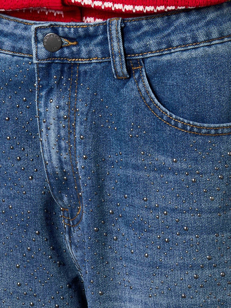 Straight Fit Mid Rise Jeans with Embellishments