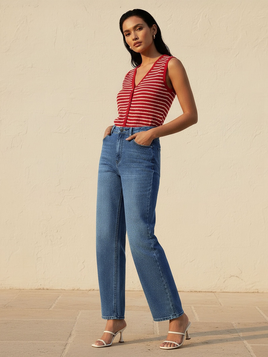 Straight Fit Mid Rise Jeans with Embellishments