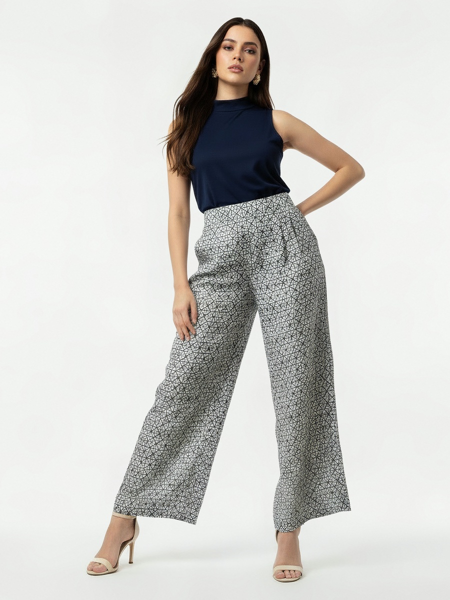 Semi-Elasticated Waist Printed Wide Leg Pants