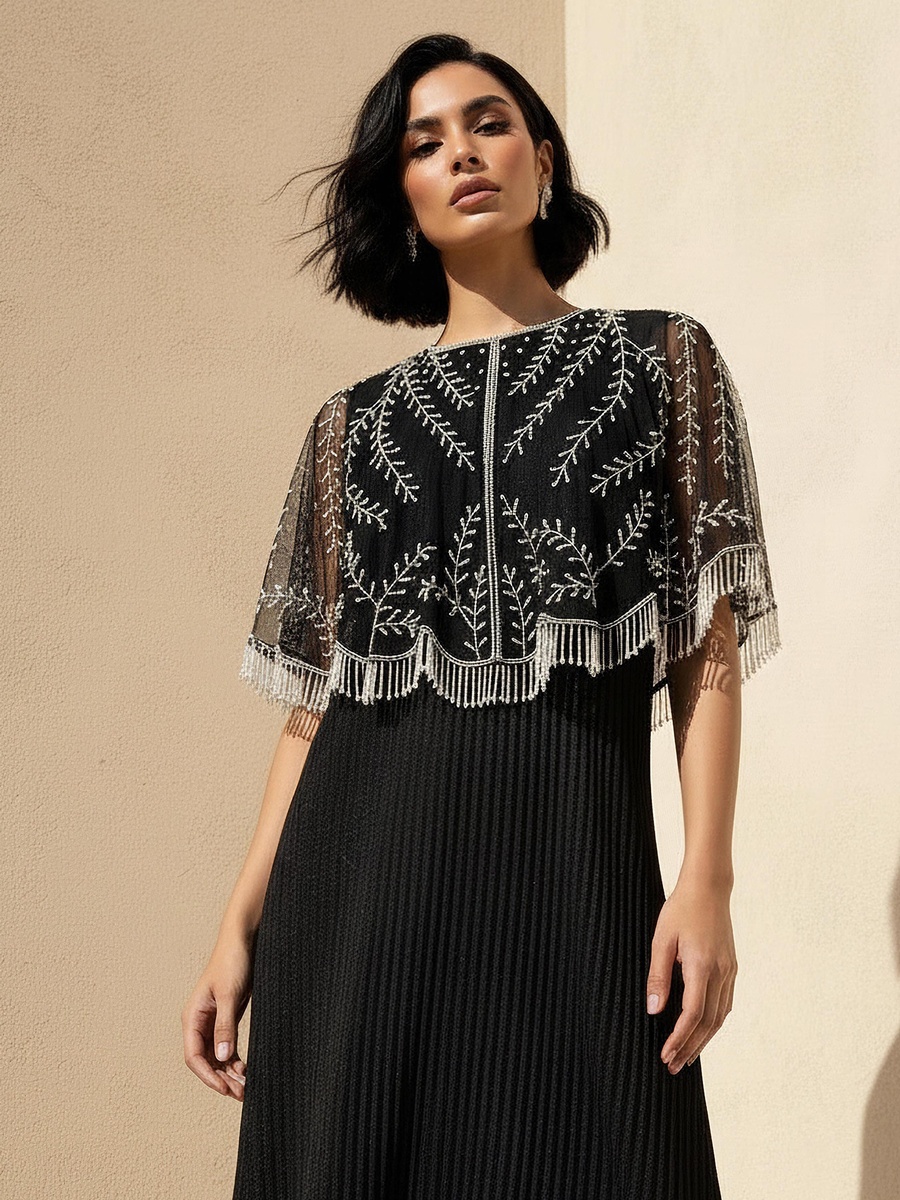 Cropped Vine Embroidered Fringe Cape