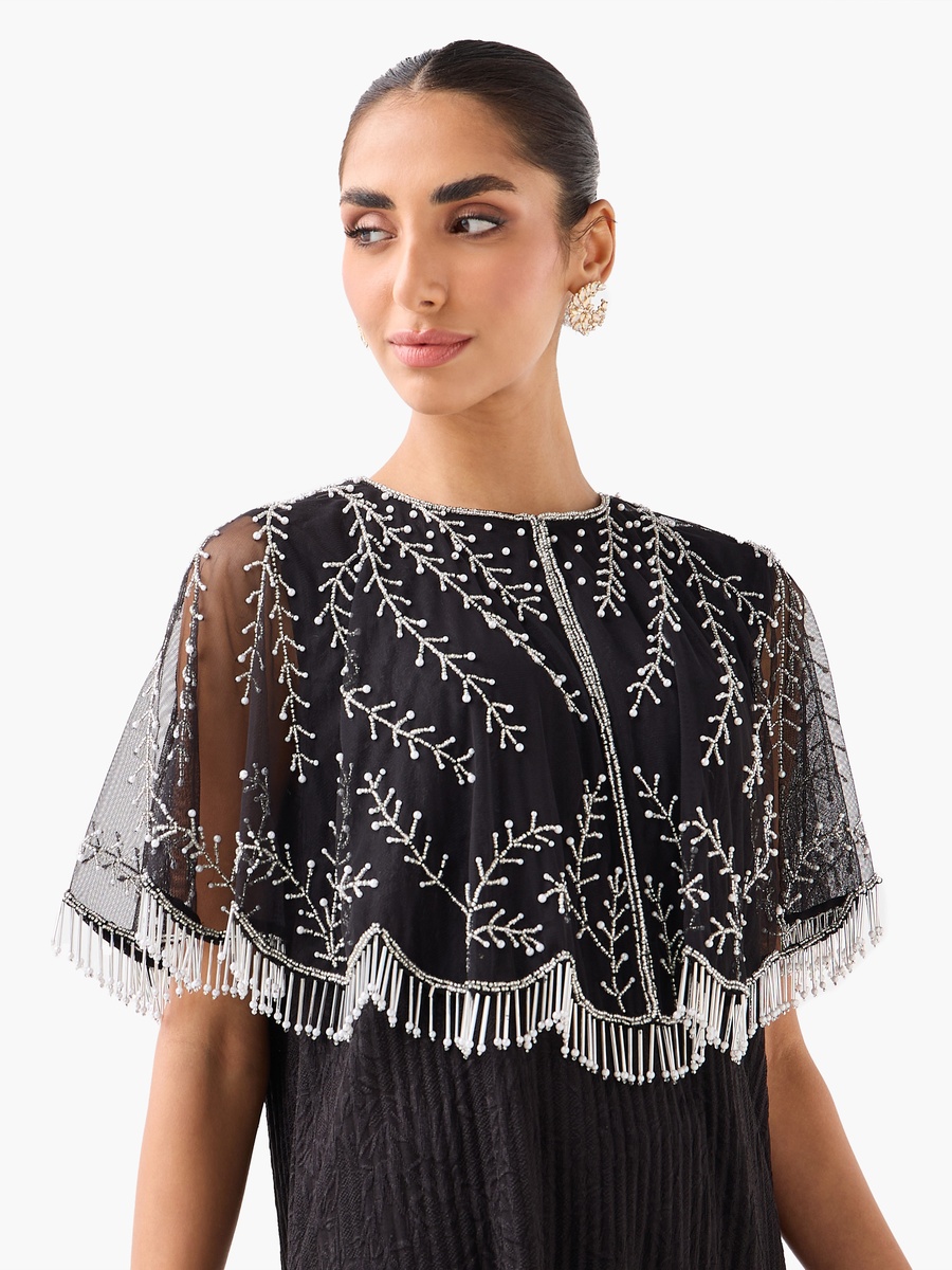 Cropped Vine Embroidered Fringe Cape