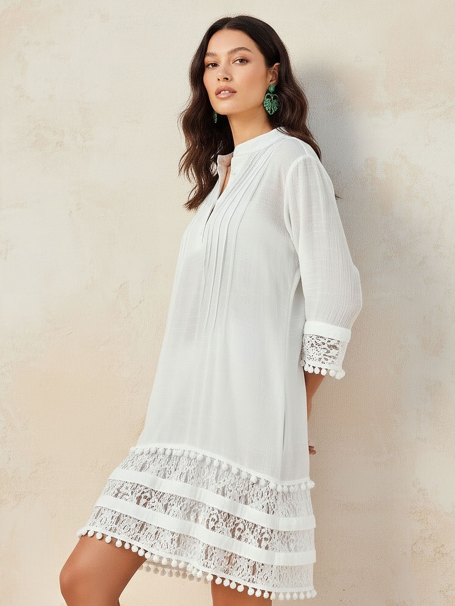 Women Lace Pom Pom Trim Cover-Up Top