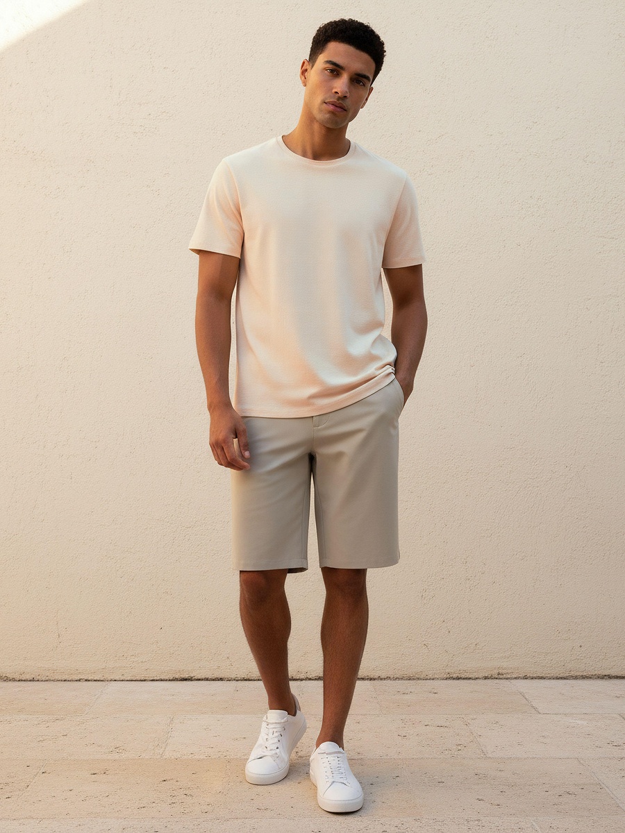 Men Slim Fit Crew Neck Short Sleeves Popcorn Textured T-Shirt
