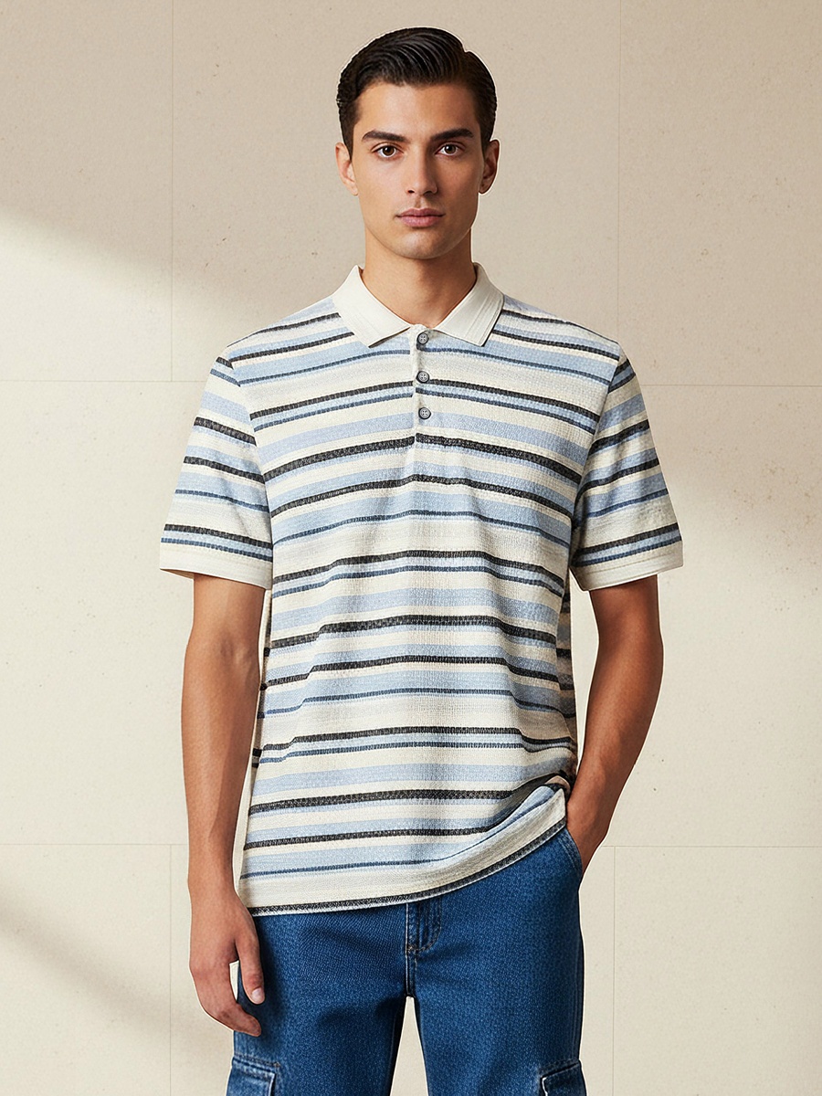 Men Regular Fit Collared Short Sleeves Striped Polo T-Shirt