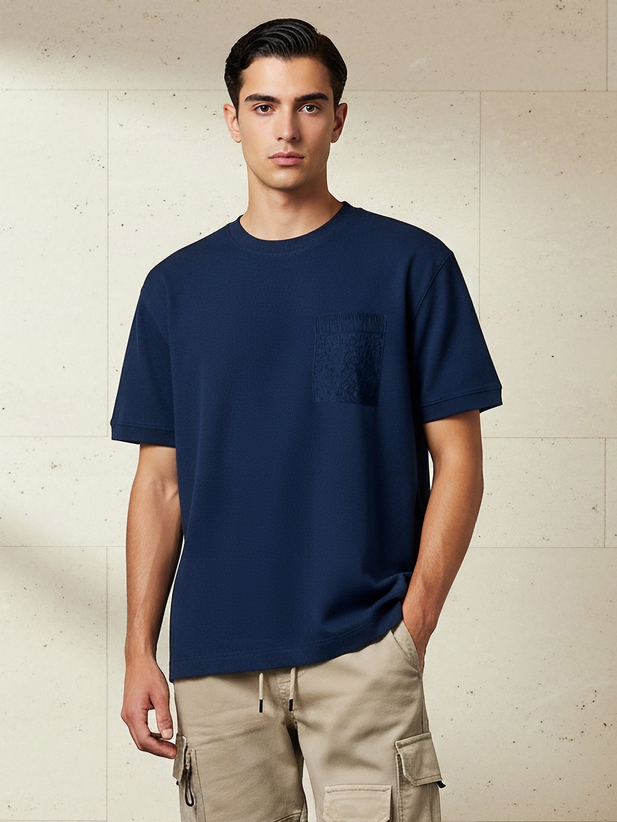 Men Regular Fit Crew Neck Short Sleeves Embroidered T-Shirt