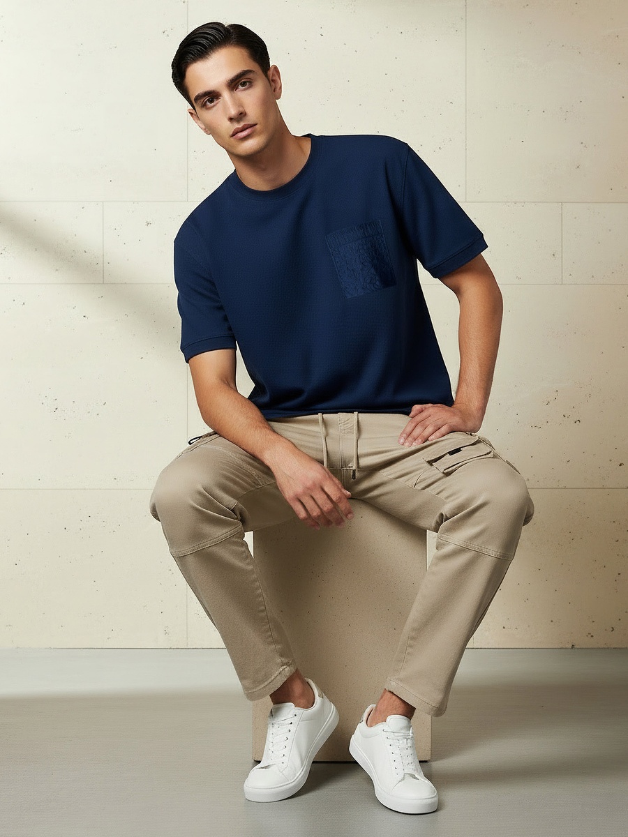 Men Regular Fit Crew Neck Short Sleeves Embroidered T-Shirt