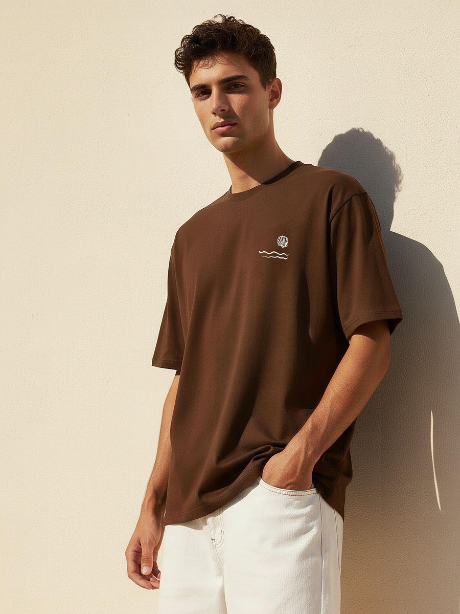 Men Regular Fit Crew Neck Short Sleeves Coastal Print T-Shirt
