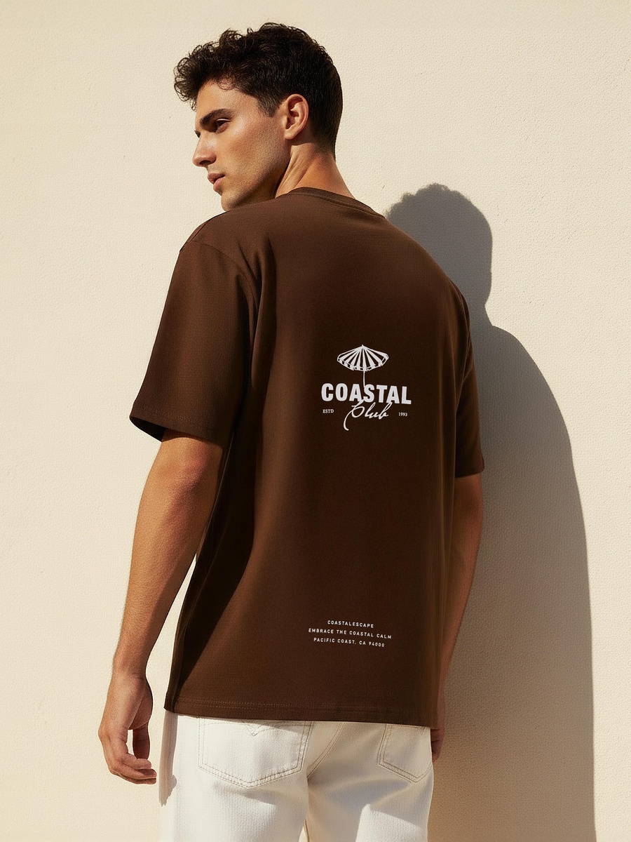 Men Regular Fit Crew Neck Short Sleeves Coastal Print T-Shirt
