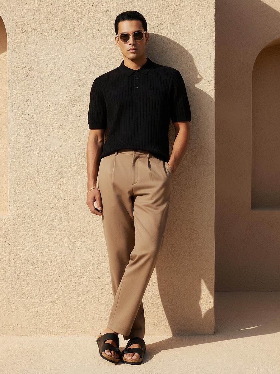 Men Short Sleeves Ribbed Polo T-Shirt