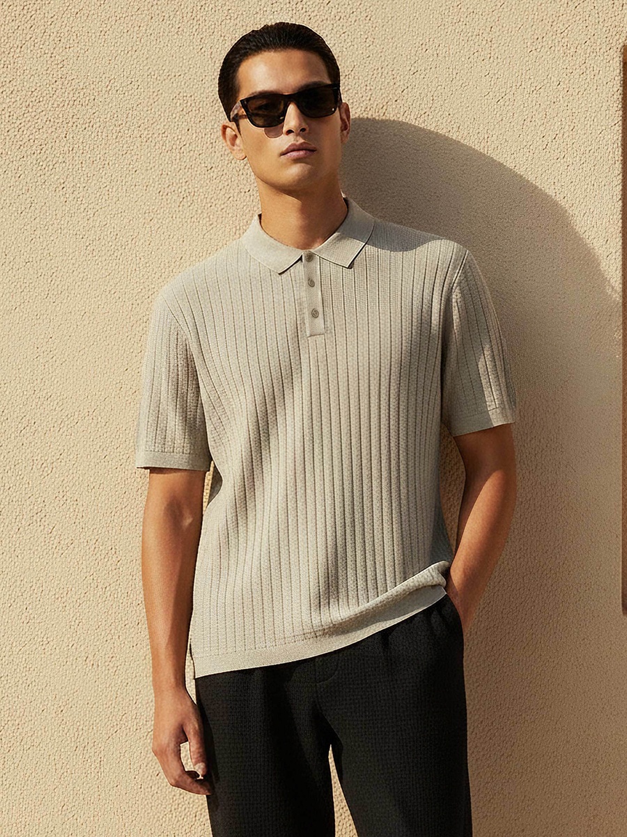 Men Short Sleeves Ribbed Polo T-Shirt