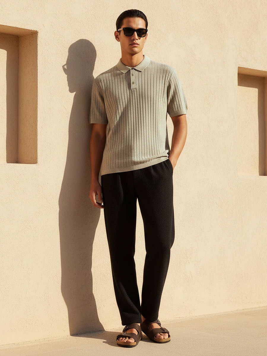 Men Short Sleeves Ribbed Polo T-Shirt