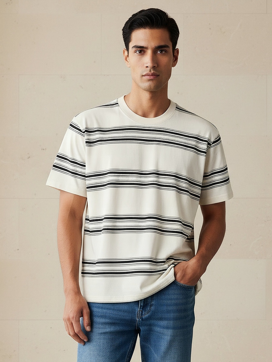 Men Relaxed Fit Crew Neck Short Sleeves Striped T-Shirt