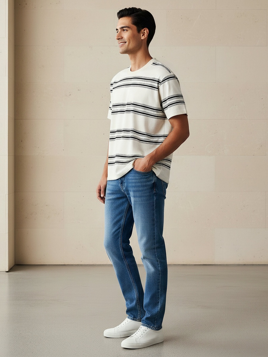 Men Relaxed Fit Crew Neck Short Sleeves Striped T-Shirt